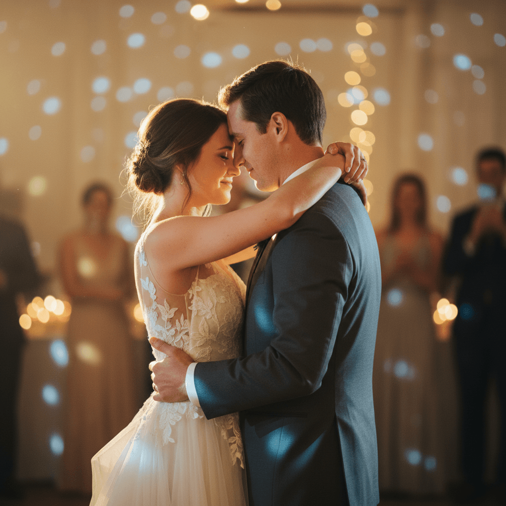 Couple's first dance at wedding with soft romantic lighting