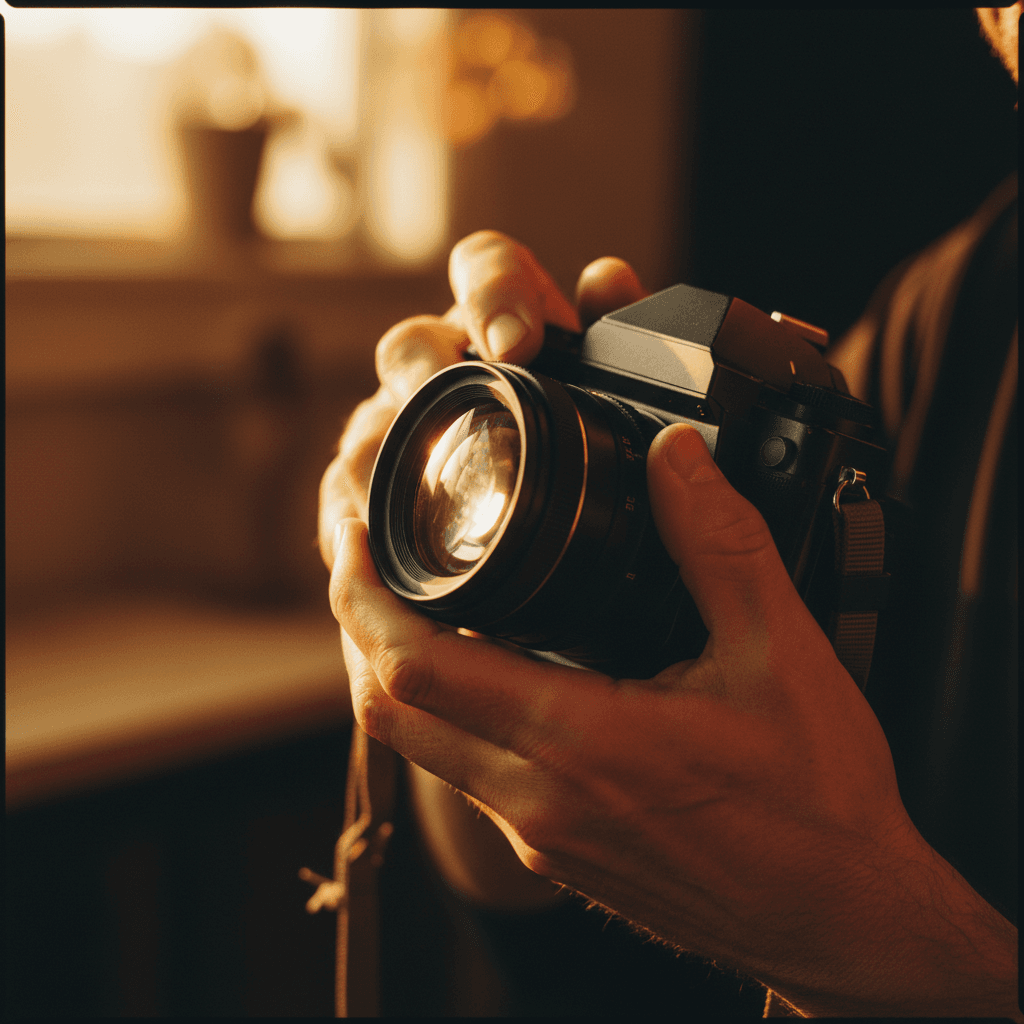 Photographer's hands carefully adjusting camera lens in warm studio light