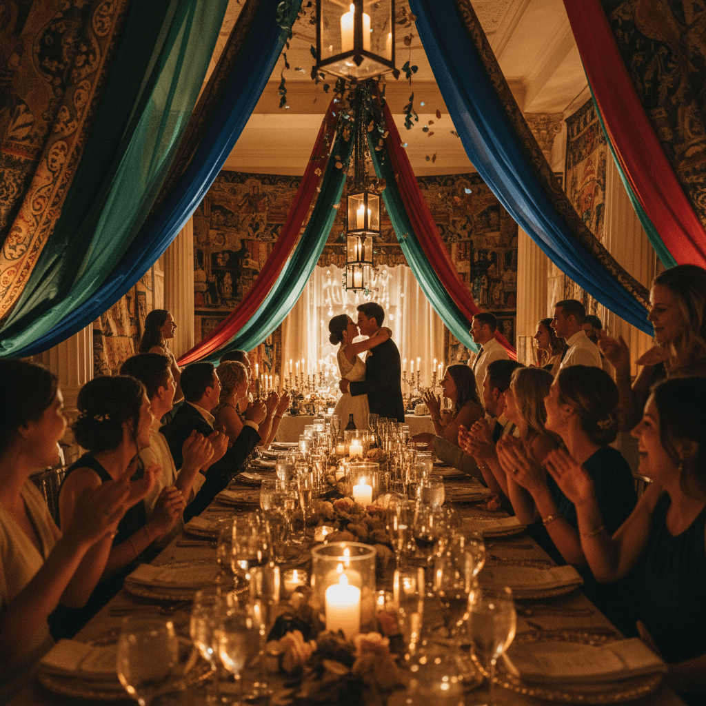 Wedding reception guests celebrating with champagne at table