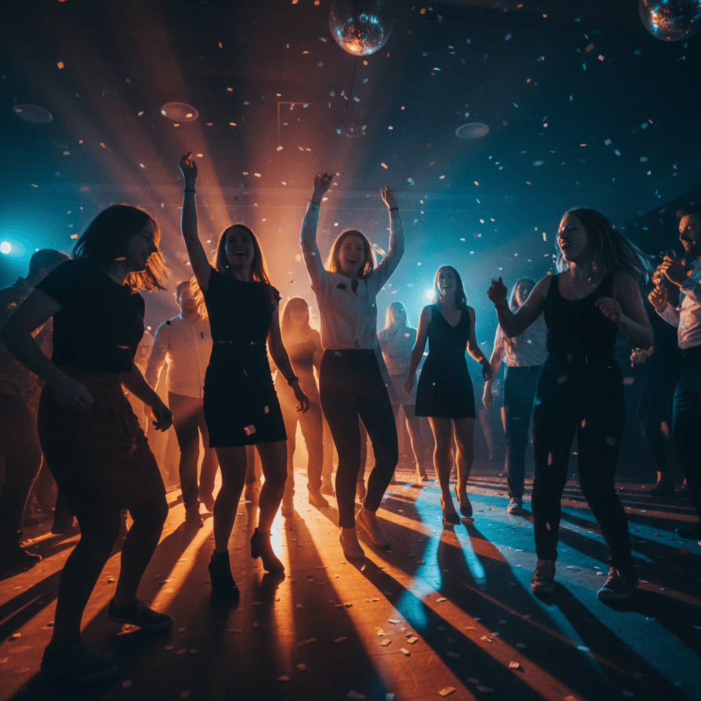 Wedding guests dancing together on the dance floor