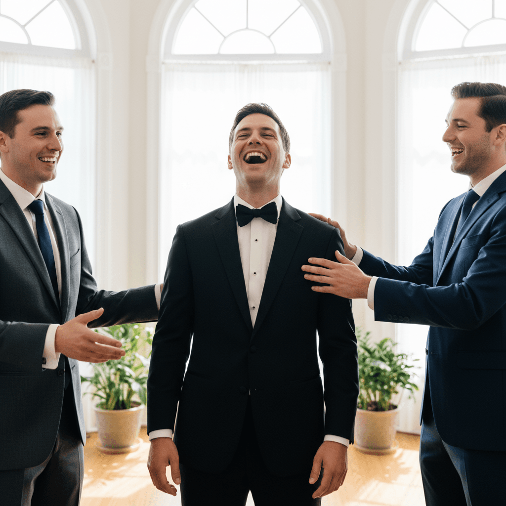 Groom laughing with groomsmen before wedding ceremony