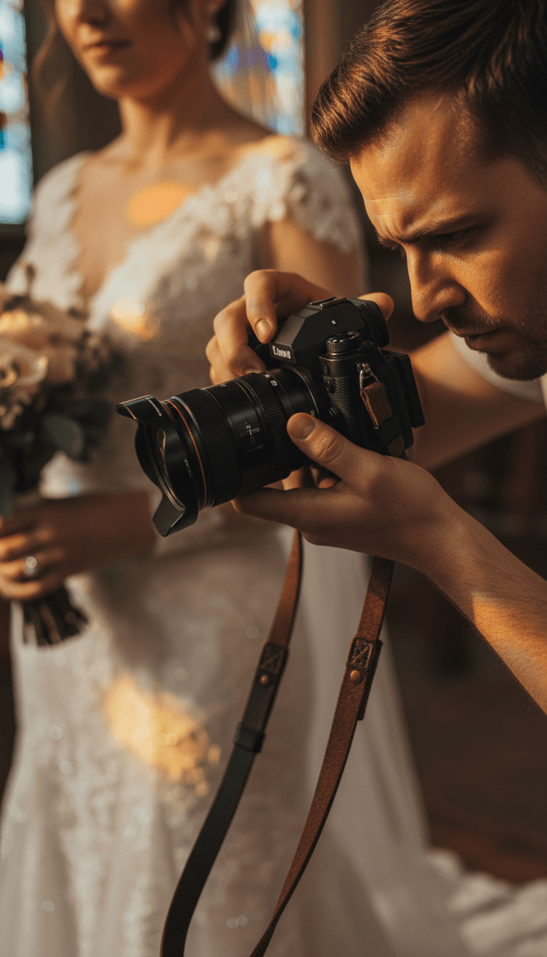 Photographer adjusting camera during a wedding ceremony with golden light