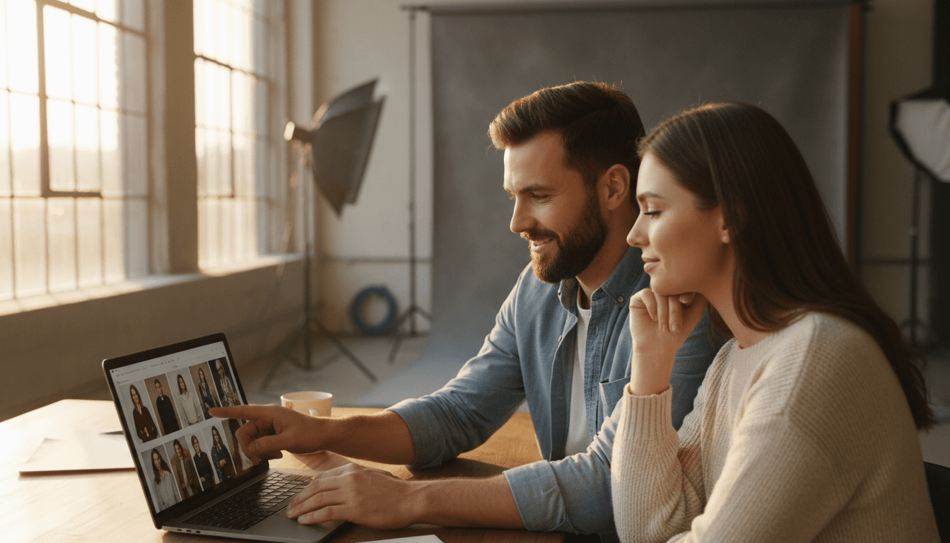Photographer and client reviewing session photos together on a laptop in a bright studio