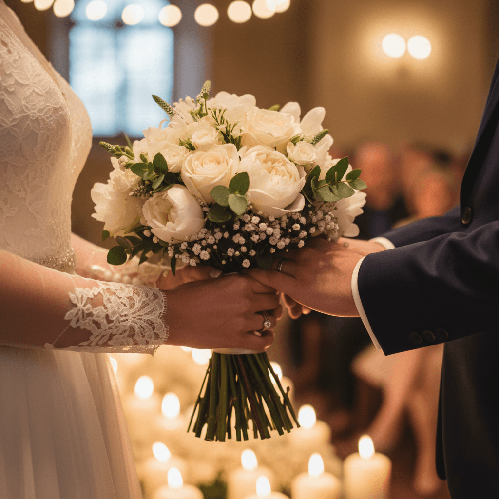 Bride's hands holding wedding bouquet during ceremony