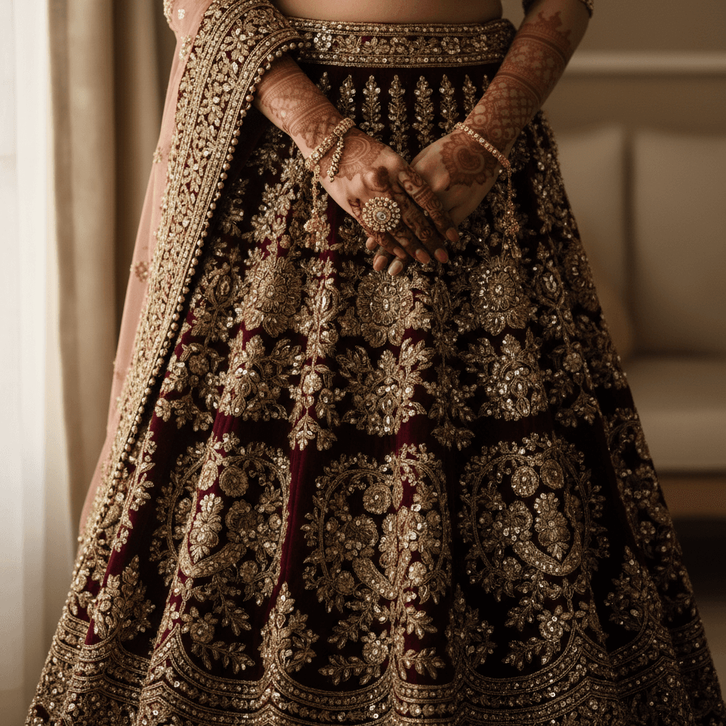 Bride's embroidered wedding lehenga detail shot