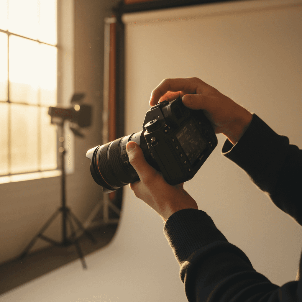 Photographer's hands adjusting professional camera settings with natural window light in studio