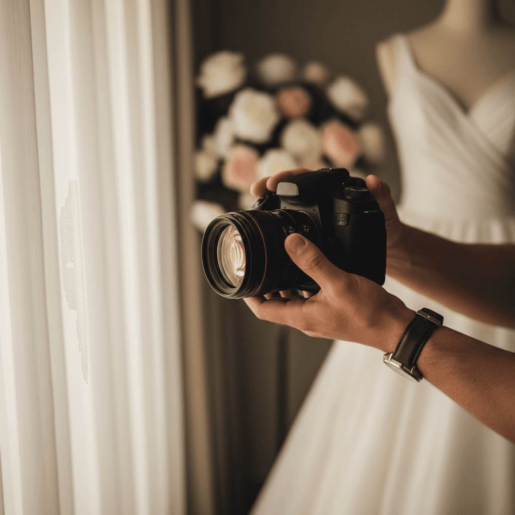 Photographer adjusting camera settings during wedding ceremony