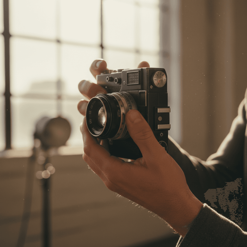 Photographer adjusting camera settings during a portrait session