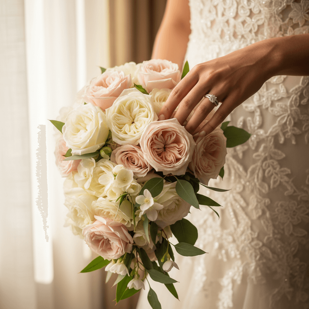 Wedding rings on bride's bouquet with couple's hands