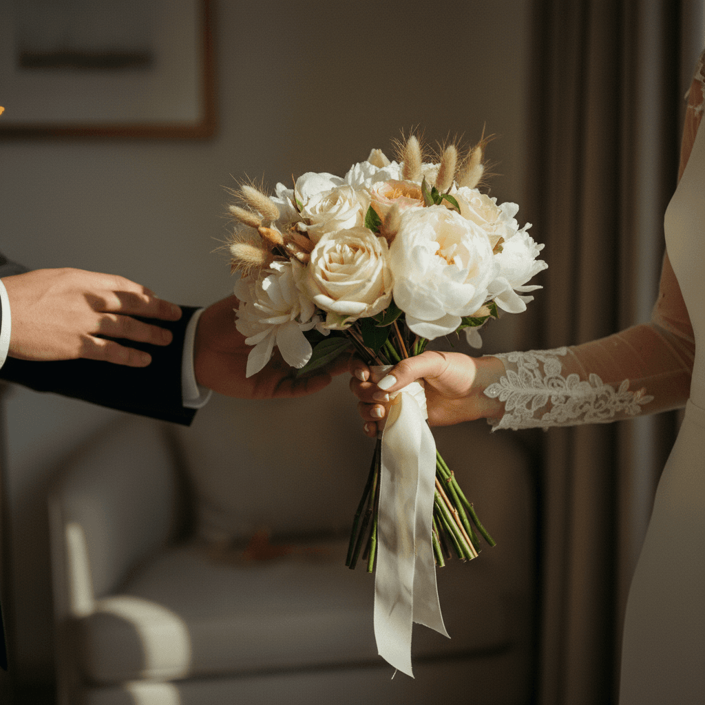 Bride and groom sharing a tender moment during their wedding day