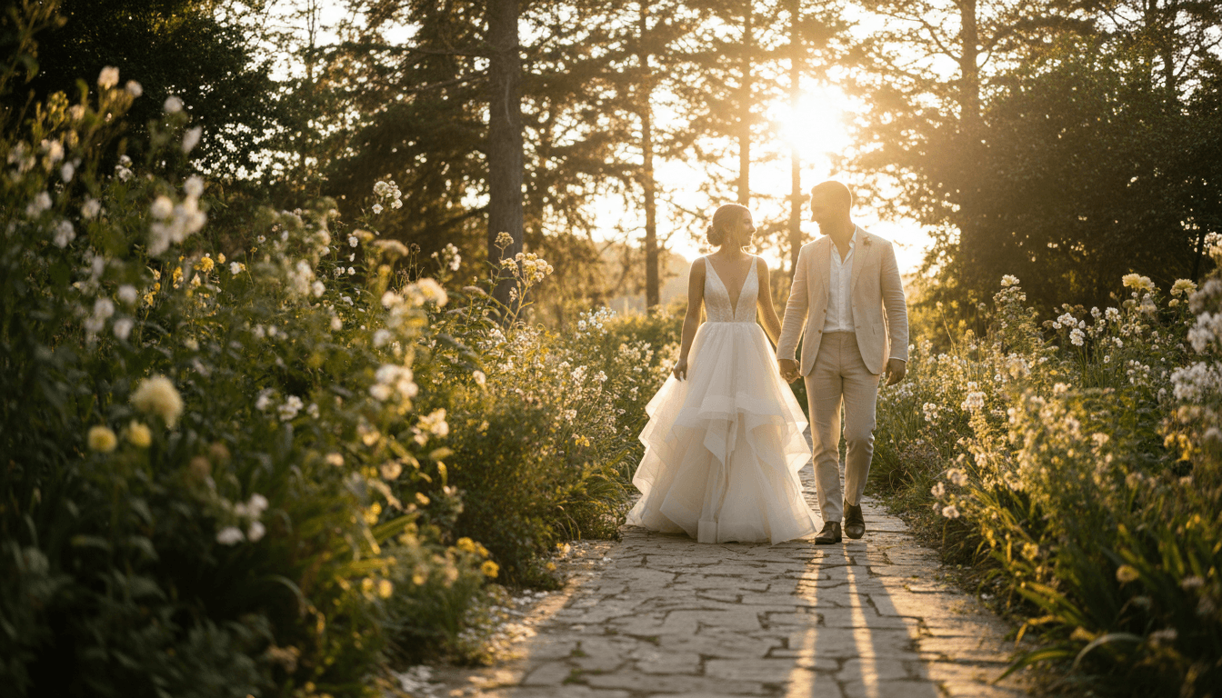 Bride walking down aisle during wedding ceremony
