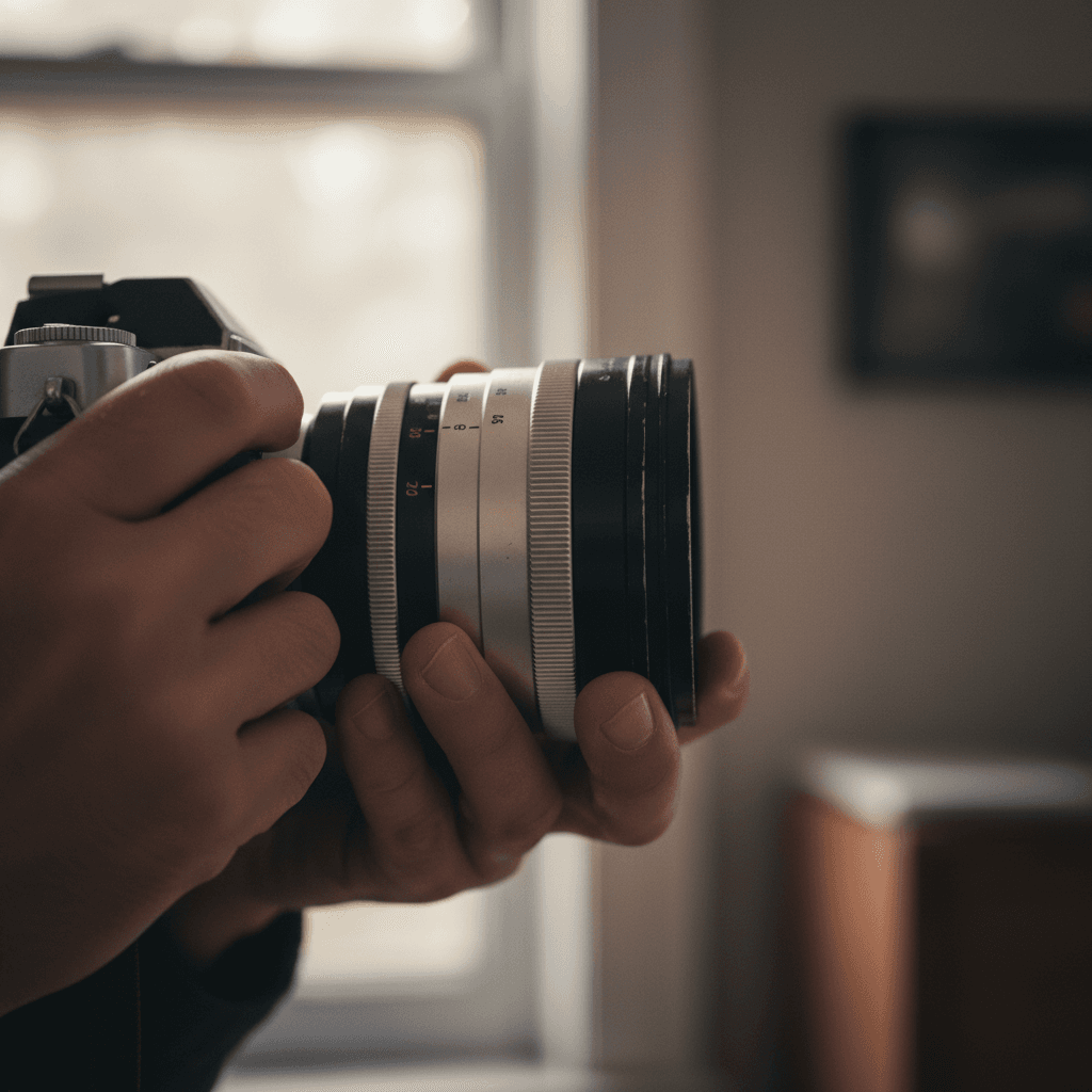 Photographer adjusting camera settings before a portrait session, focused and attentive to the client
