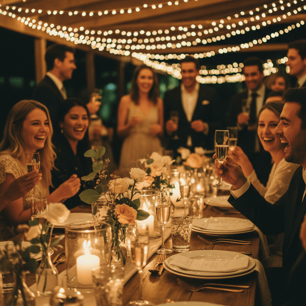 Decorated event space with warm lighting