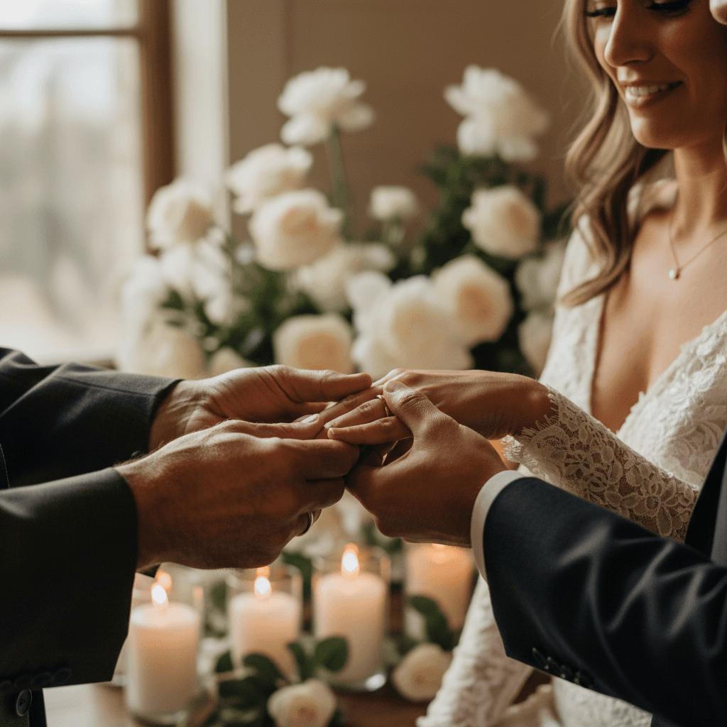 Bride and groom exchanging rings during wedding ceremony